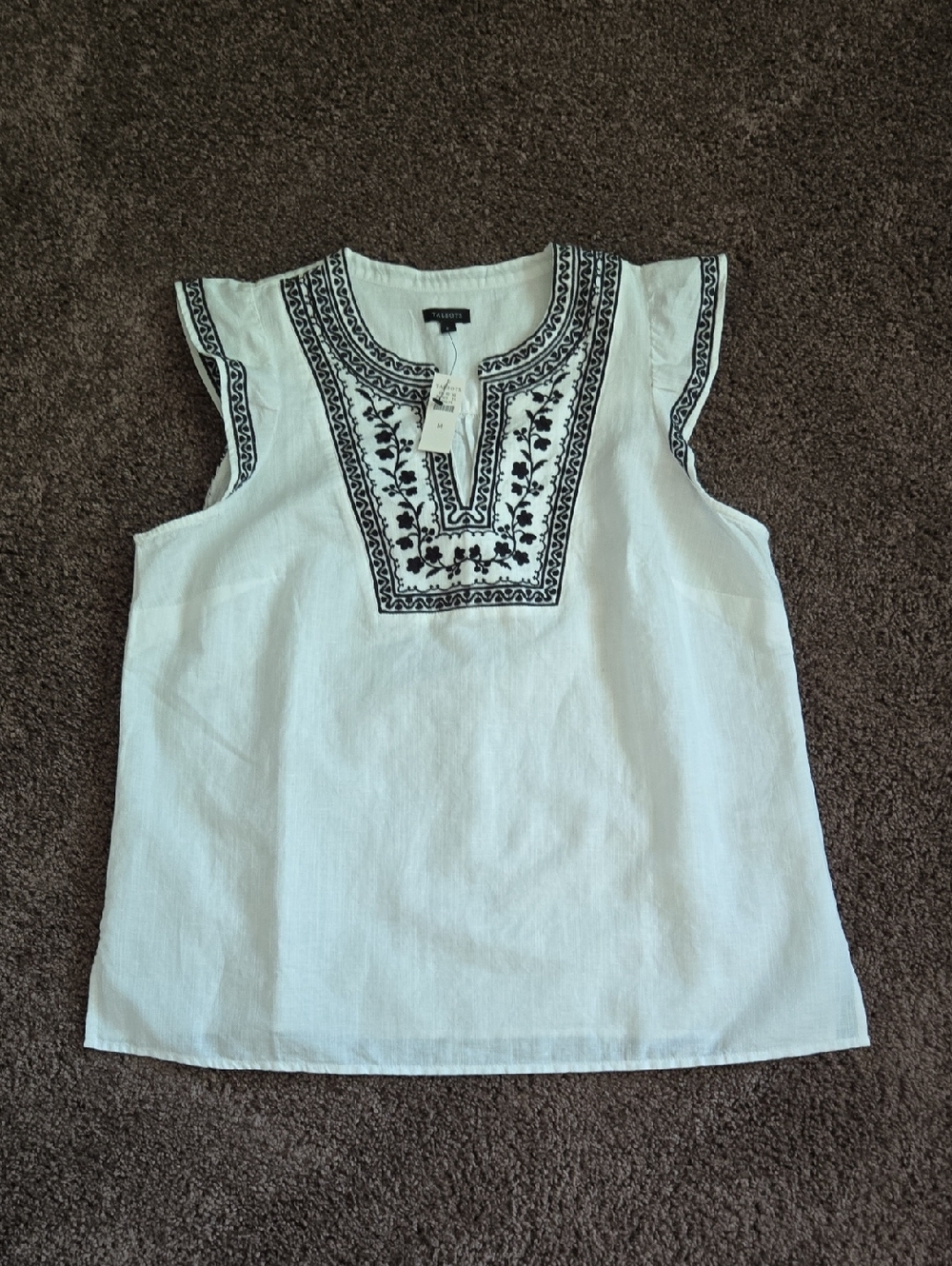 NEW Talbots White Black Embroidered Flutter Sleeve Top M